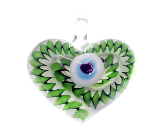 Handmade Dichroic Lampwork Glass Heart Pendant 49x45mm
