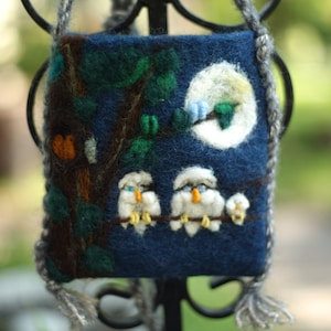 3 Owl Family Pouch, Felt Bag, Needle-Felted,