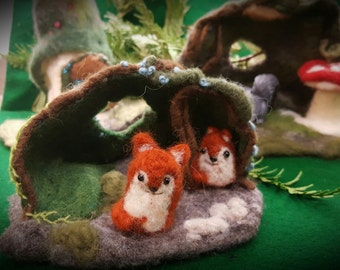 Needle Felted Fox Home, Fox Den, Playscape, Momma Fox, and Baby Fox