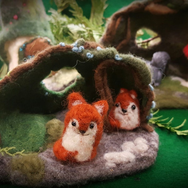 Needle Felted Fox Home, Fox Den, Playscape, Momma Fox, and Baby Fox