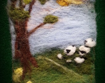 Peaceful Sheep On  Hill, Felt Pouch, Cell Phone Pouch, Amulet Bag, Felt Landsacpe, Needle Felted Purse, Sarah's Sheep On A Hill