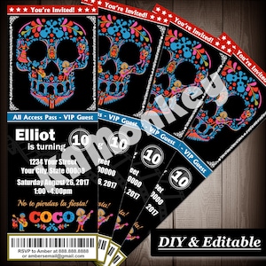 May include: Five printable tickets for a Coco-themed birthday party. The tickets are black with a colorful sugar skull design. The text on the tickets reads "All Access Pass - VIP Guest", "Elliot is turning 10", "1234 Your Street", "Your City, State 00000", "Saturday August 26, 2017", "1:00-4:00pm", "No te pierdas la fiesta!" and "RSVP to Amber at 888.888.8888 or ambersemail@gmail.com".