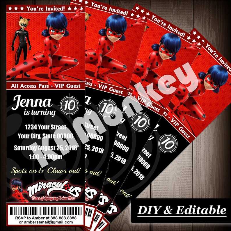 Miraculous Tales Of Ladybug Cat Noir Movie Ticket Style Invitations Kids Birthday Party Diy Fillable Pdf