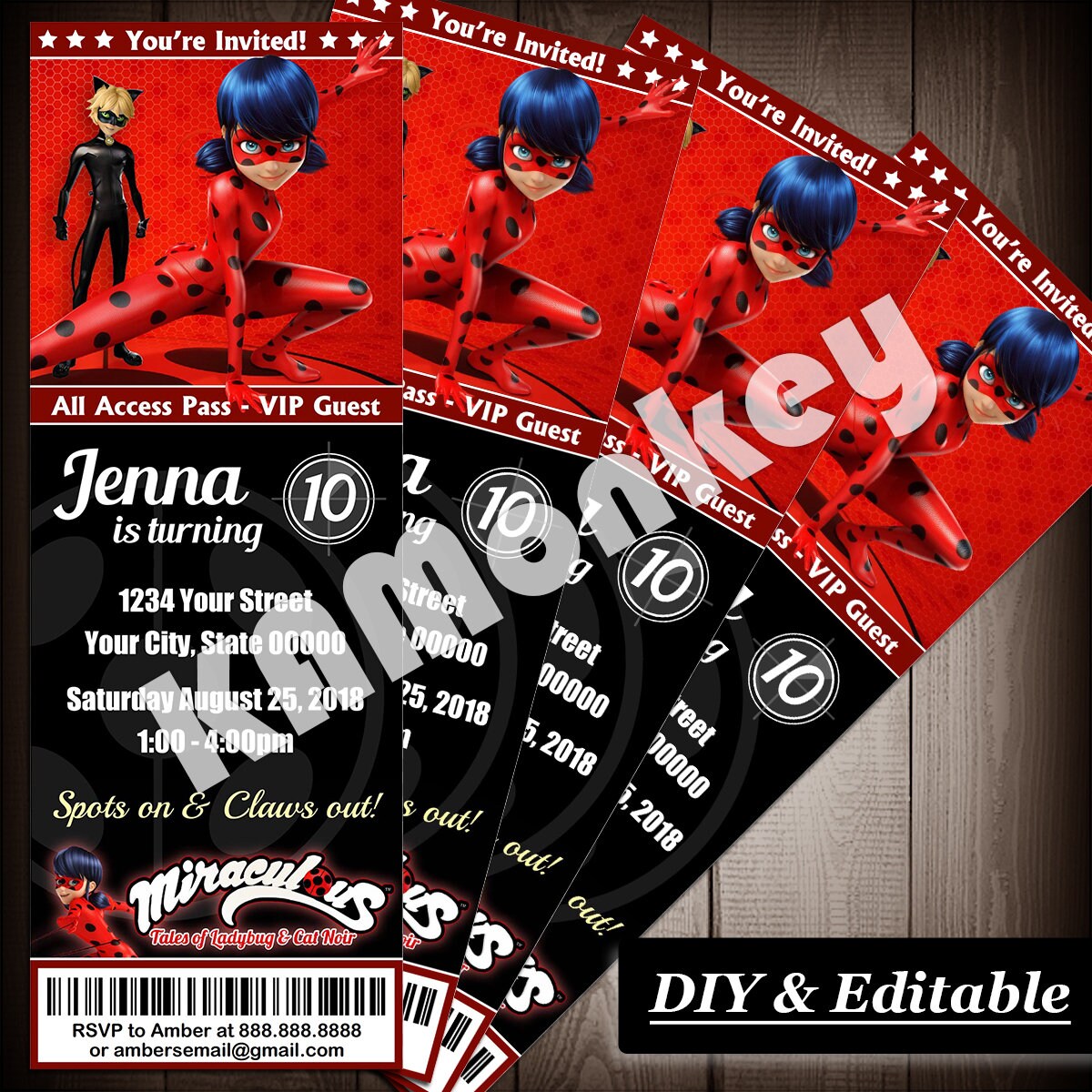 Miraculous Tales Of Ladybug Cat Noir Movie Ticket Style Invitations Kids Birthday Party Diy Fillable Pdf