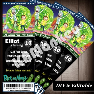 Rick en Morty Movie Ticket Style uitnodigingen, kinderverjaardagsfeestje, DIY invulbare PDF