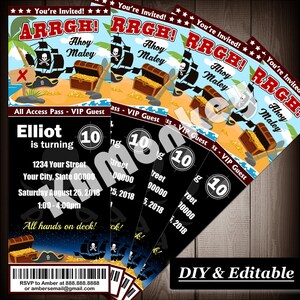 Pirate Movie Ticket Style Invitations, Kids Birthday Party, DIY Fillable PDF