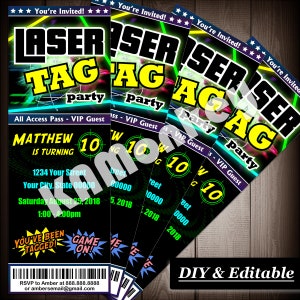 Laser Tag Movie Ticket Style Invitations, Birthday Party, DIY Fillable PDF