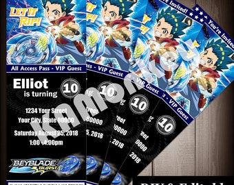 Beyblade Burst Movie Ticket Style Invitations, Kids Birthday Party, DIY Fillable PDF v2