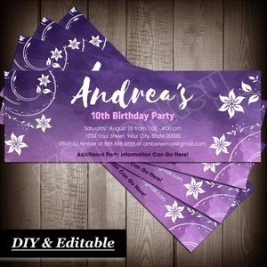 Modern Ticket / Bookmark Style Invitations, Watercolor Birthday Celebration Party, Printable DIY Fillable PDF