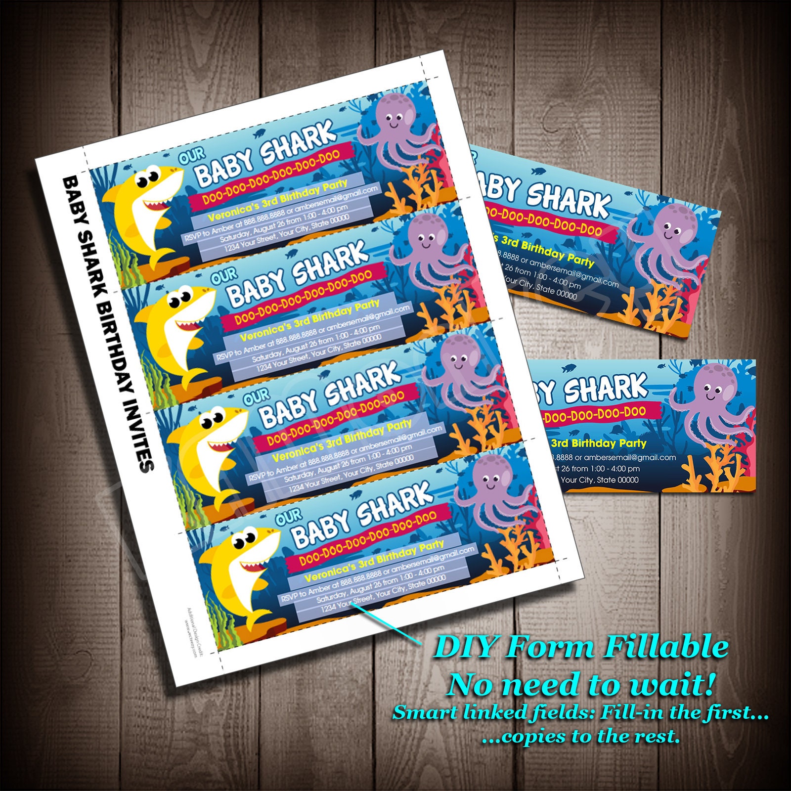 Baby Shark Ticket / Bookmark Style Invitations, Kids Birthday Party, Printable DIY Fillable PDF ...