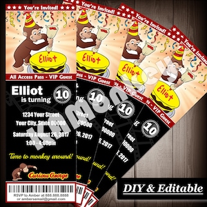 Curious George Movie Ticket Style Einladungen, Kindergeburtstagsfeier, DIY Fillable PDF