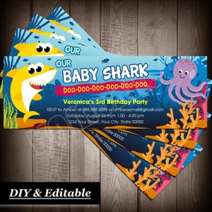 Baby Shark Ticket / Bookmark Style Invitations, Kids Birthday Party, Printable DIY Fillable PDF
