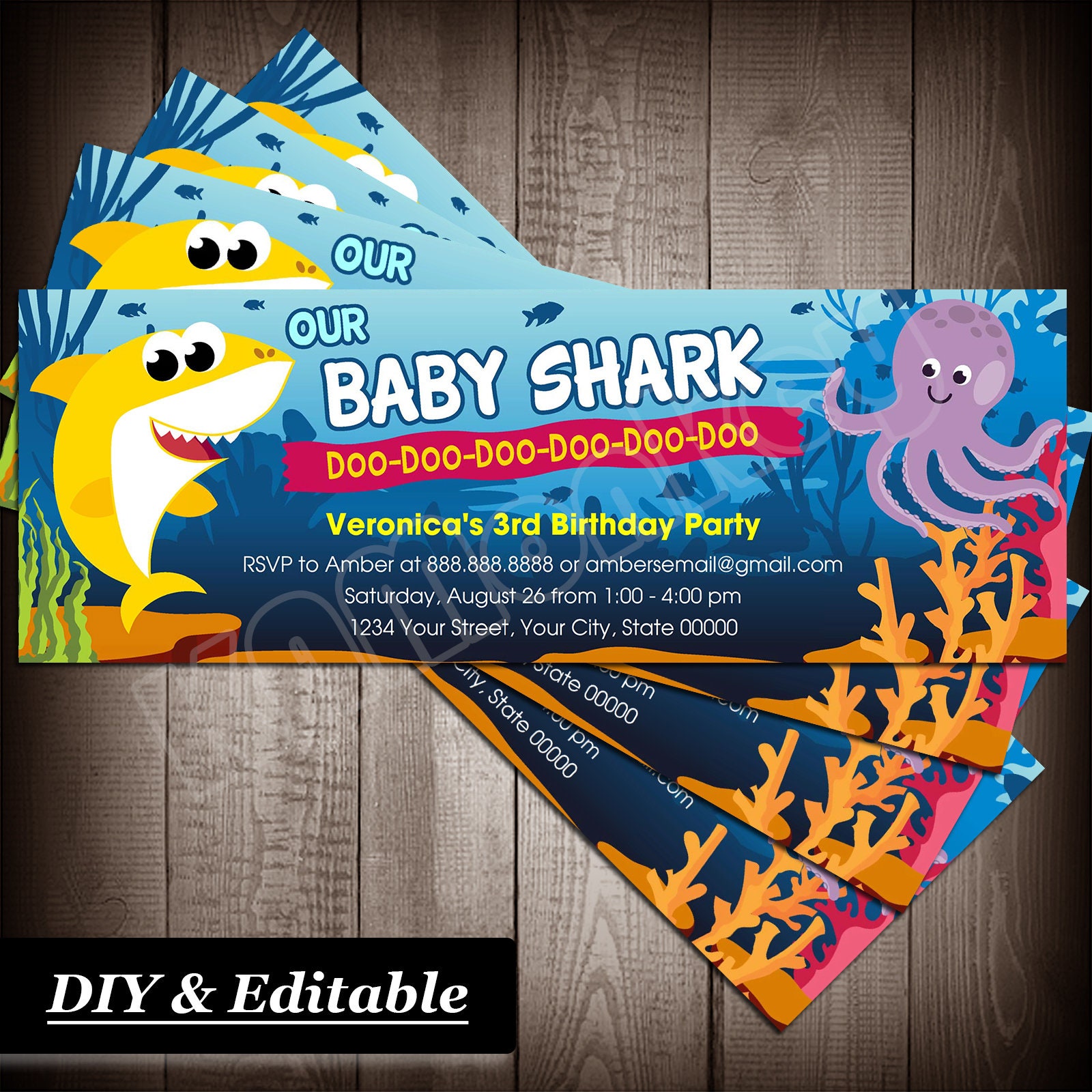 Baby Shark Ticket / Bookmark Style Invitations, Kids Birthday Party, Printable DIY Fillable PDF ...