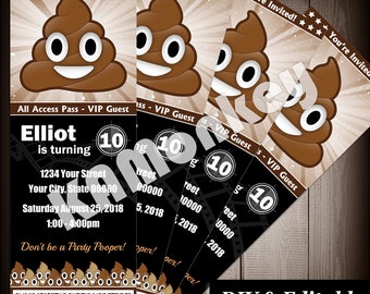 Poop Emoji Movie Ticket Style Invitations, Birthday Party, DIY Fillable Printable PDF v2