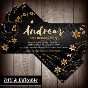 Modern Ticket / Bookmark Style Invitations, Art Deco Birthday Celebration Party, Printable DIY Fillable PDF