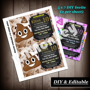 Poop Emoji 5x7 Birthday Invitation Card, Kids Party, DIY Fillable Printable PDF