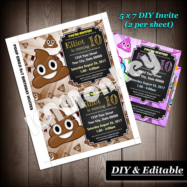 Poop Emoji 5x7 Geburtstagseinladungskarte, Kinderparty, DIY ausfüllbares druckbares PDF