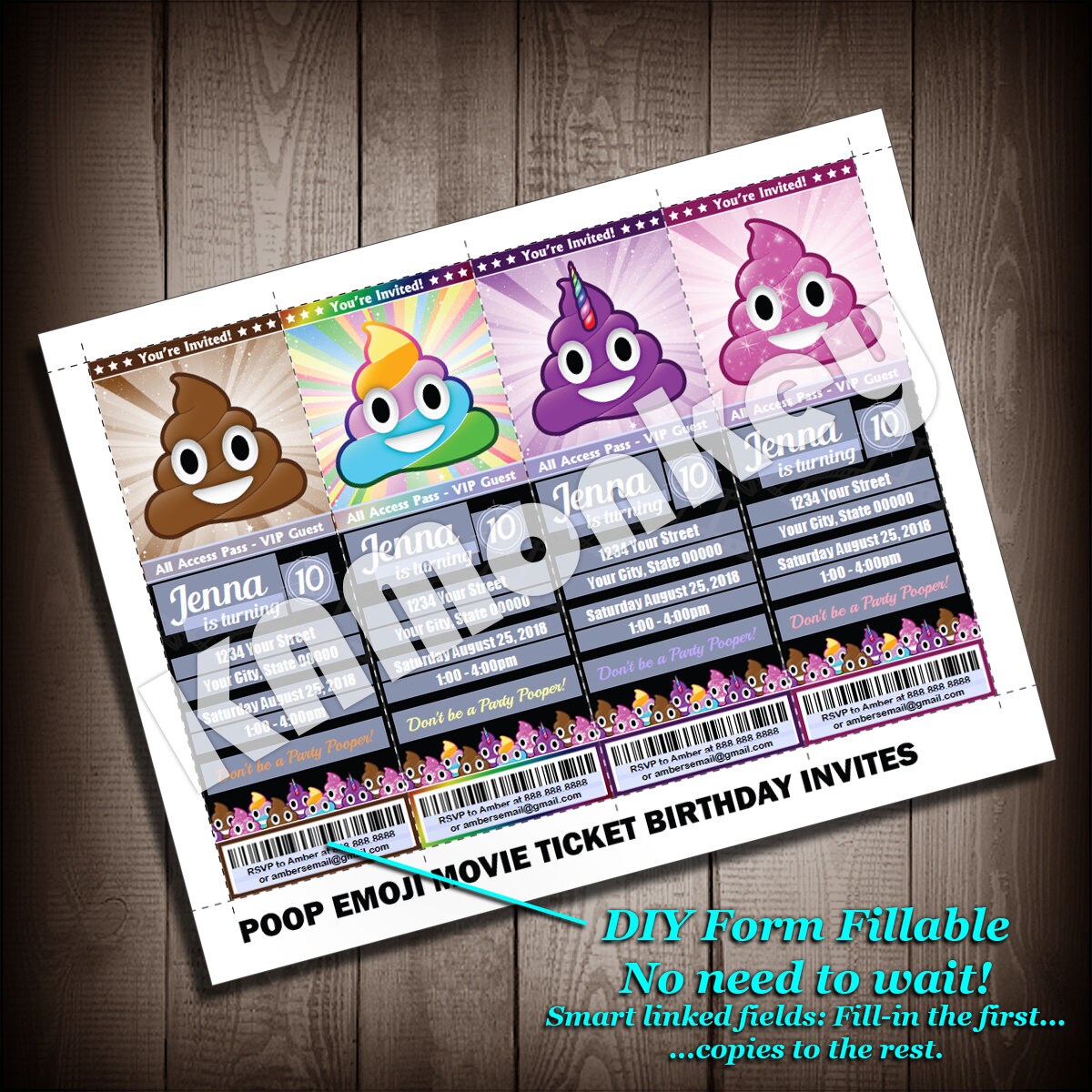 Poop Tickets Poop Emoji Movie Ticket Style Invitations, Birthday Party, DIY Fillable ...