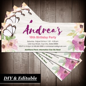Floral Ticket / Bookmark Style Invitations, Kids Spring Birthday Party, Printable DIY Fillable PDF