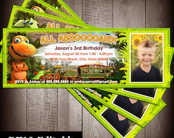 Dinosaur Train Photo (& Non-photo) Ticket Style Invitations, Kids Birthday Party, DIY Fillable PDF with Back Page