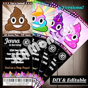 Poop Emoji Movie Ticket Style Invitations, Birthday Party, DIY Fillable Printable PDF v1