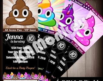 Poop Emoji Movie Ticket Style Invitations, Birthday Party, DIY Fillable Printable PDF v1