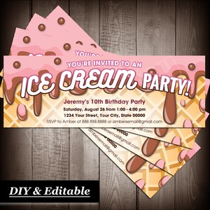 Ice Cream Ticket / Bookmark Style Invitations, Kids Birthday Party, Printable DIY Fillable PDF