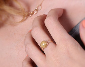 Gemstone ring, Yellow rutile quartz ring, , yellow quartz ring, stacking ring, birthstone ring, gold stack ring 20082