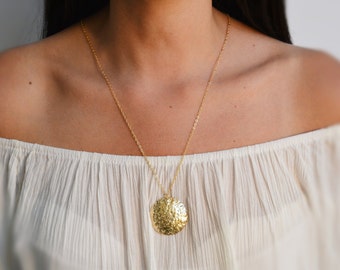 Gold necklace, long necklace with an ethnic style pendant disc, everyday necklace, Boho style ecklace- 10023