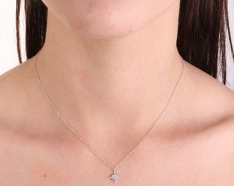 Encanto del collar de la estrella del norte, encanto de la estrella del norte CZ, collar de la estrella del oro, collar de plata de ley, collar dainty