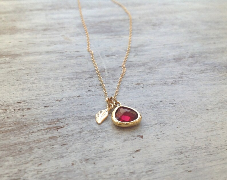 Gold Ruby necklace, Ruby glass stone pendant and tiny gold leaf, Delicate necklace for her 