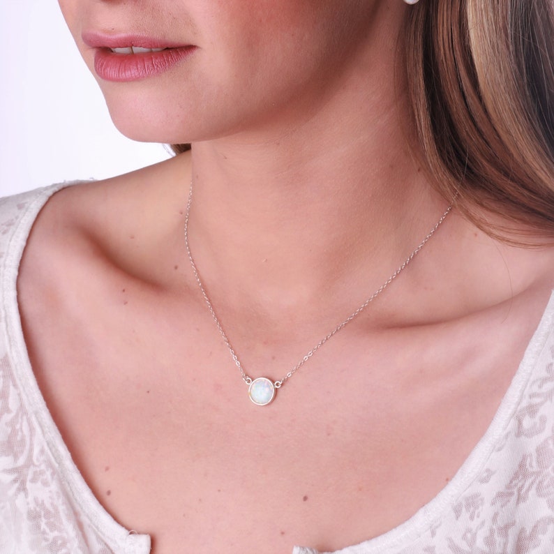 White Opal Pendant Necklace,Opal silver Necklace,Gemstone Necklace,Gift for Mom,Delicate Necklace image 1