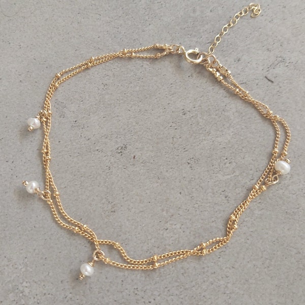 Pearl anklet, Dainty Freshwater Pearl, Ankle Bracelet, Double Pearl Ankle Bracelet, Summer Anklet, White Pearl Anklet, Gold Filled