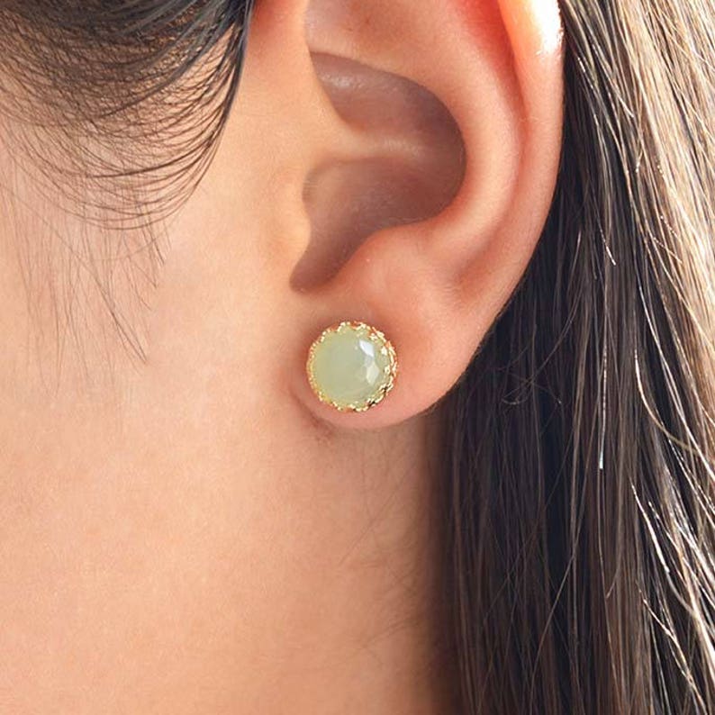 Jade earrings Stud,Dainty Jade Earrings,Green Jade Gemstone earrings,Wedding Earrings,Gold filled or sterling silver,Jade Jewelry size 8mm image 5