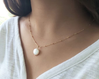 Single Pearl Necklace,Dainty Pearl Necklace,Wedding Necklace,Water Pearl Pendant Necklace,Round Pearl,Gold filled/sterling silver chain