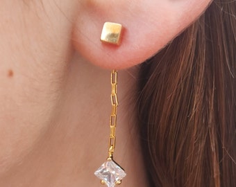 Cube Stud earrings, Cz studs with dangle chain, Chain studs, Elegant earrings, Dangle chain earrings, Gold filled Earrings, Dainty earrings