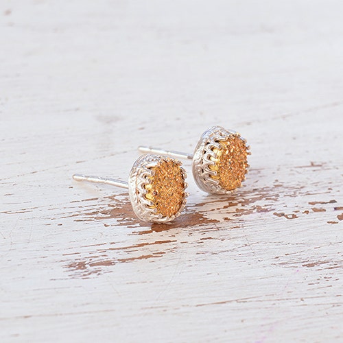 Gold druzy earrings,druzy stud earrings,tiny gold earrings,two tone earrings,silver order earrings,drusy studs,gold druzy,bridesmaids earrings