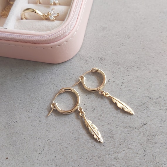 Gold feather hoop earrings clearance