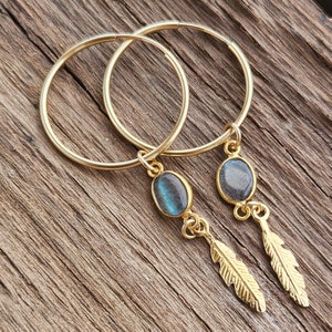 Gold Feather Earring with Labradorite stone, Gemstone Earrings, Feather Hoop Earrings, Gold Filled, Labradorite Earrings, Boho Earrings