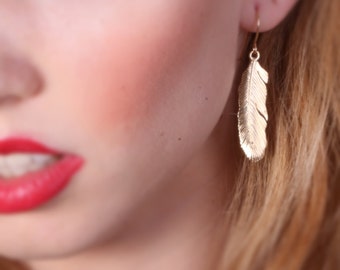 feather earrings, long feather earrings, dangle earrings feather, gold filled earrings, feather jewelry - 20072