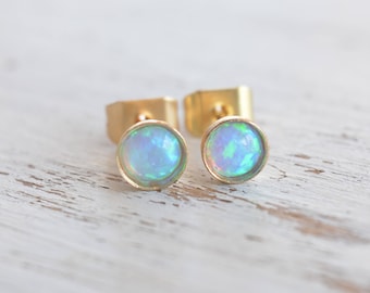 Opal studs,opal gold studs,blue opal stud earrings,minimalist earrings,tiny gold studs,opal earrings,gift for her - 21030