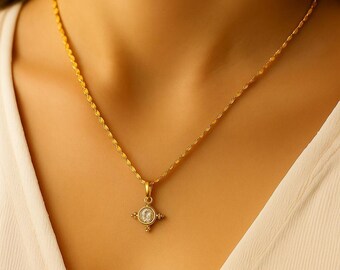 Vintage Style Gold Plated Necklace with Crystal Stone Pendant | 2 Micron Gold Layer | Elegant Retro Jewelry | Gift for Her