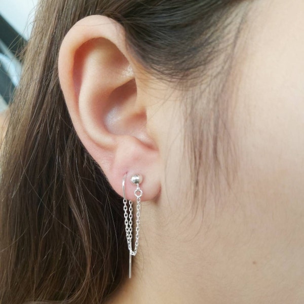 Sterling Silver Two Hole Earring, Double Peircing Earring,Chain Threader Earring,Dangle Silver Earrings,Second Hole Earrings,Dainty Earrings