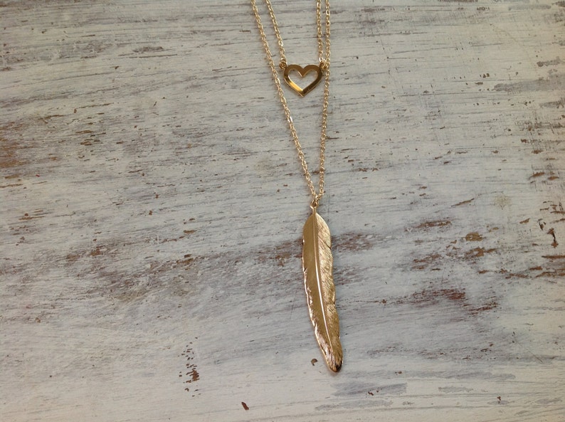 10030 unique necklace Double pendant necklace Feather and heart necklace front to back necklace Gold necklace back necklace