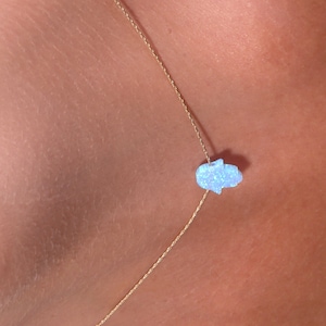 Opal necklace,Hamsa Opal necklace,dainty necklace ,14k gold filled,white opal necklace,blue hamsa necklace image 3