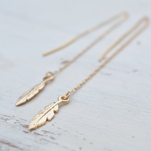 Stylish Gold Feather Threader Earrings - Handcrafted Boho Jewelry - Minimalist Design - Gift Box Included - Shop Now!