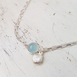 Tobillera de plata de ley con aguamarina y concha, tobillera de plata, pulsera de tobillo de aguamarina, tobillera de plata con concha, tobillera de plata de ley para mujer