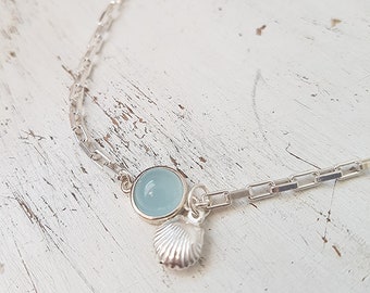 Sterling Silber Aquamarin und Muschel Fußkettchen, Silber Fußkettchen, Aquamarin Fußkettchen, Muschel Silber Fußkettchen, Sterling Silber Fußkettchen für Frauen