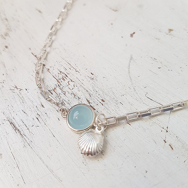 Sterling Silver Aquamarine and Shell Anklet,Silver Anklet,Aquamarine Ankle Bracelet,Shell Silver Anklet,Sterling Silver Anklet for Women