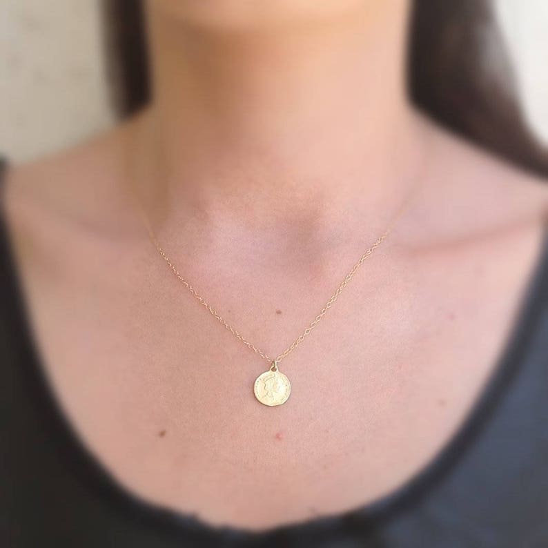 gold coin necklace, women coin jewelry, sideway coin, 14k gold filled,gift for her,dainty necklace,gold necklace,gold disc necklace image 1